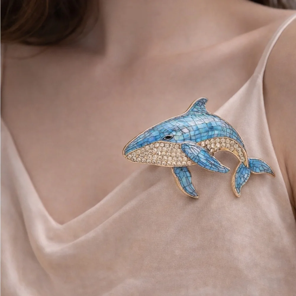 Anthropologie Blue and Gold Whale Brooch